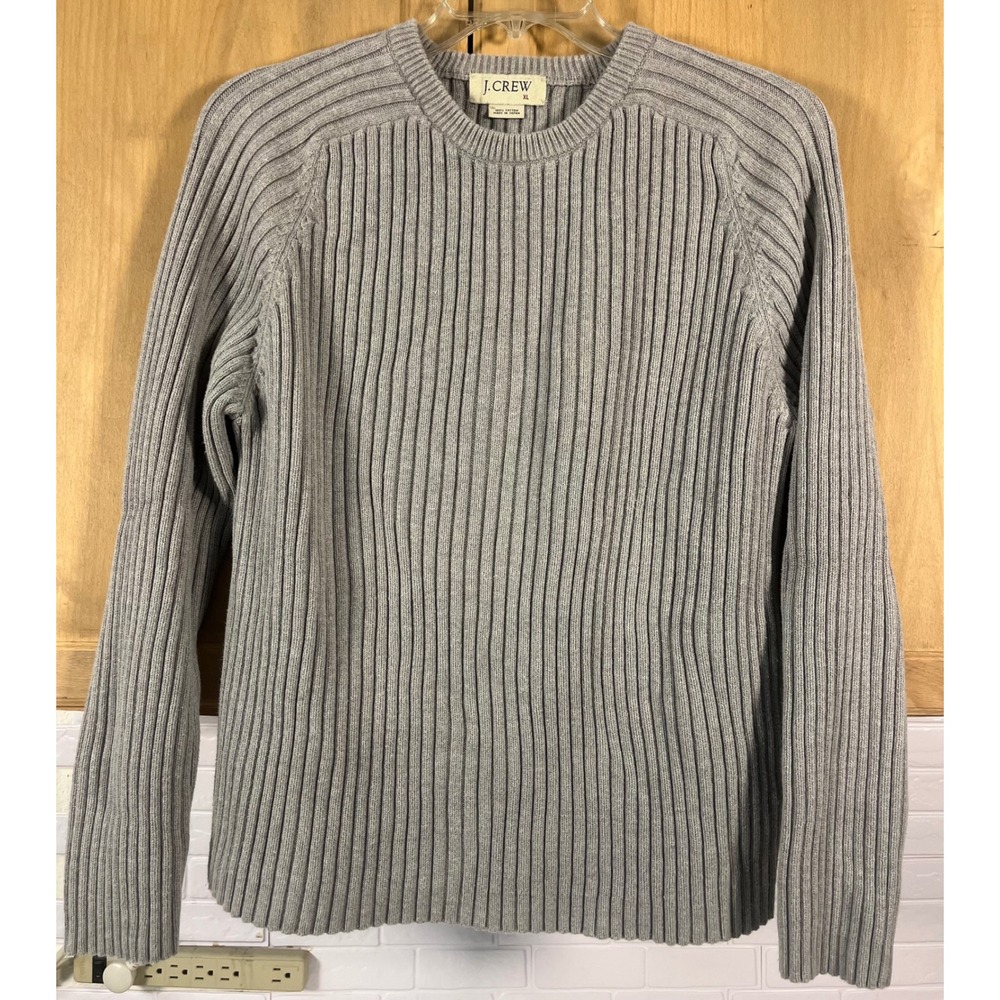 J.Crew Ribbed Knit Sweater Mens XL Grey Cotton Long Sleeve Crewneck Raglan